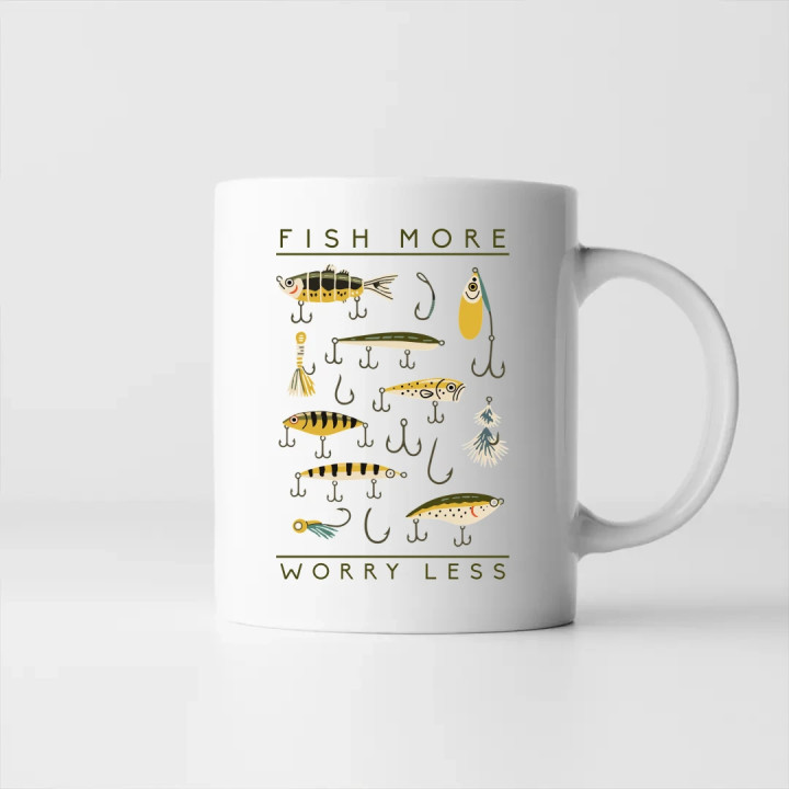 Fish more, worry less - keramický hrnček s potlačou