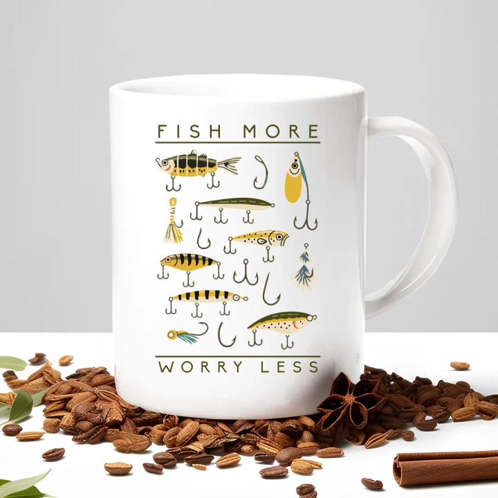 Fish more, worry less - keramický hrnček s potlačou