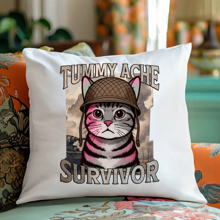 Tummy ache survivor - mačací vojak - vankúš s potlačou