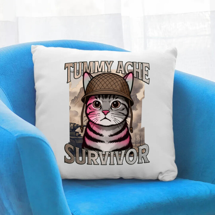 Tummy ache survivor - mačací vojak - vankúš s potlačou