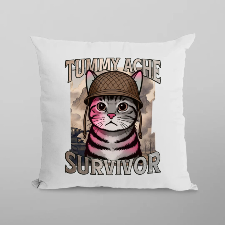 Tummy ache survivor - mačací vojak - vankúš s potlačou