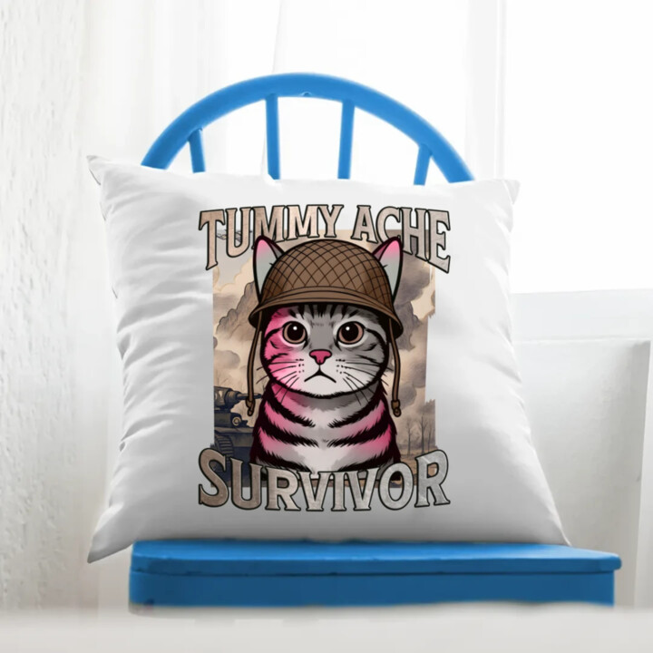Tummy ache survivor - mačací vojak - vankúš s potlačou