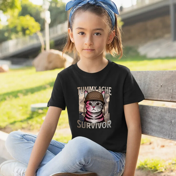 Tummy ache survivor - mačací vojak - detské tričko s potlačou