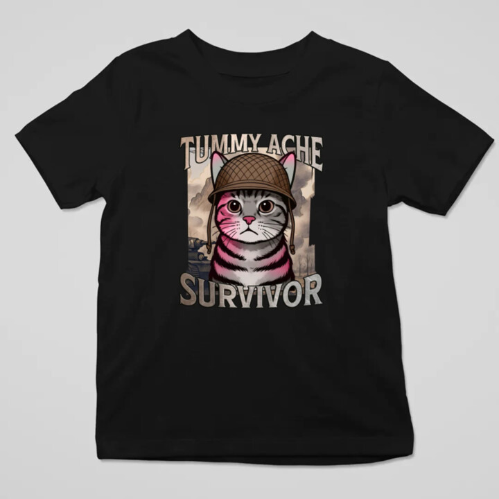 Tummy ache survivor - mačací vojak - detské tričko s potlačou