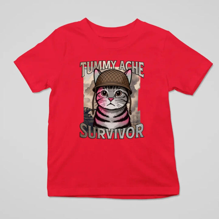 Tummy ache survivor - mačací vojak - detské tričko s potlačou