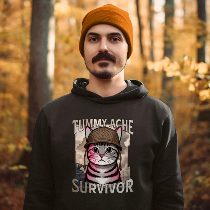 Tummy ache survivor - mačací vojak  - pánska mikina s potlačou