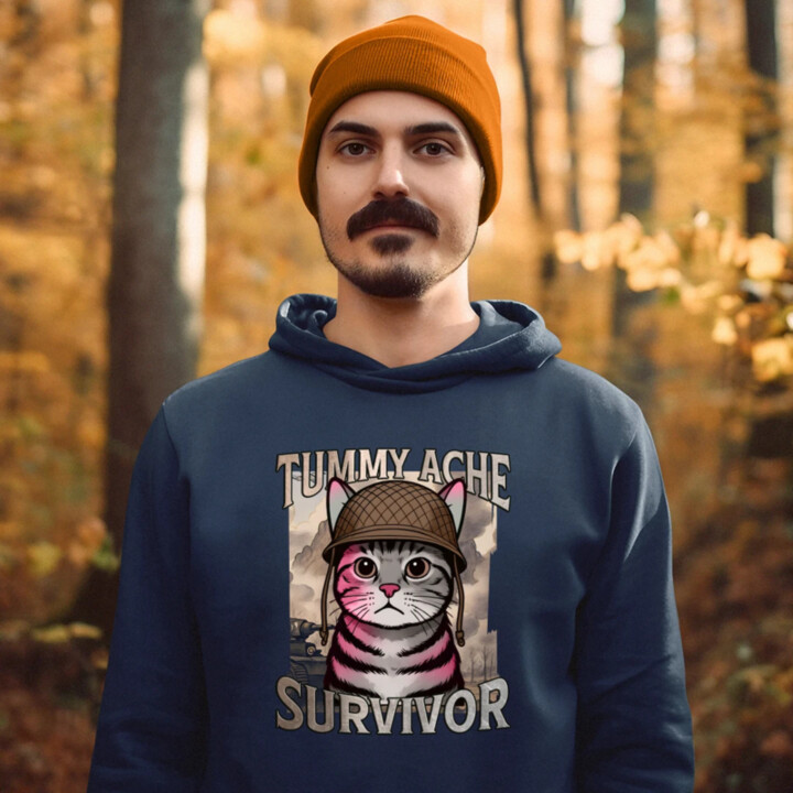 Tummy ache survivor - mačací vojak  - pánska mikina s potlačou