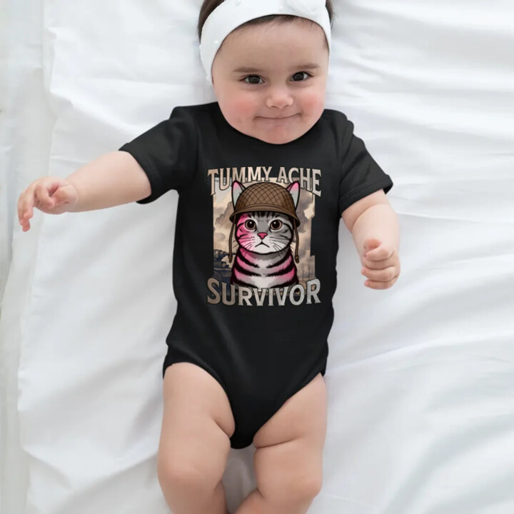 Tummy ache survivor - mačací vojak  - body s potlačou