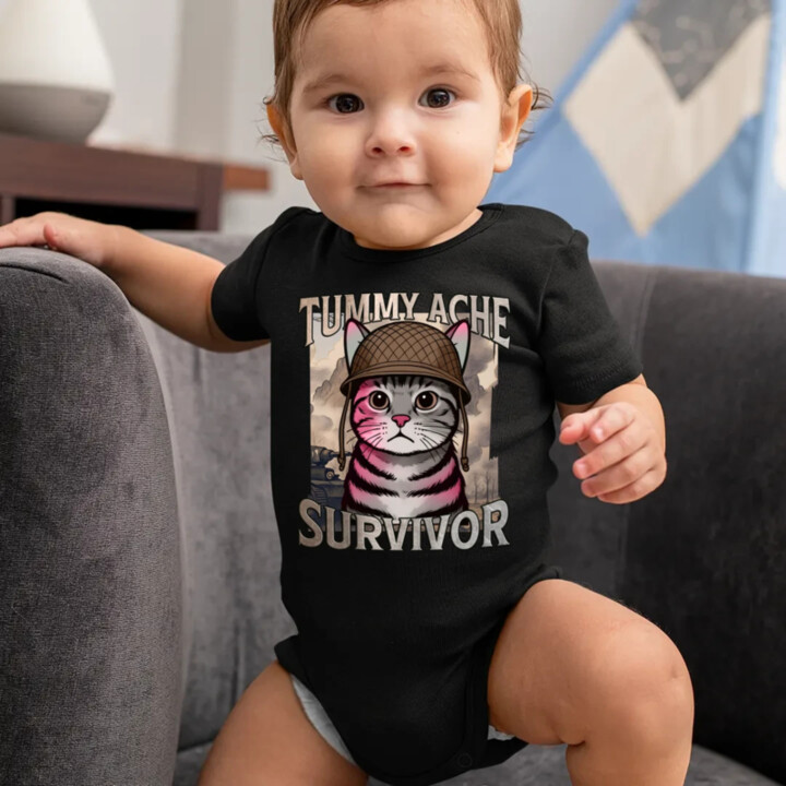 Tummy ache survivor - mačací vojak  - body s potlačou