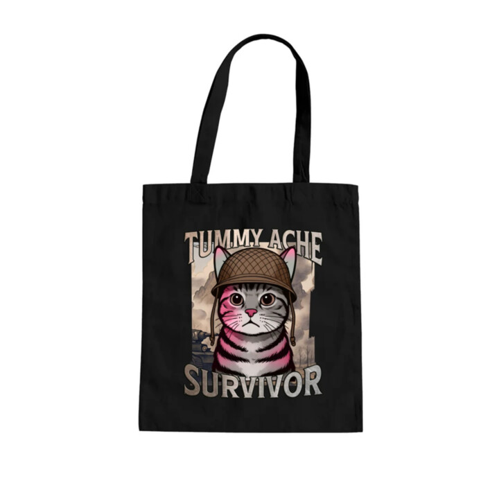 Tummy ache survivor - mačací vojak - taška s potlačou