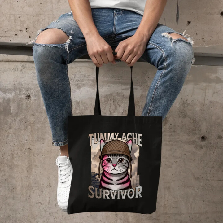 Tummy ache survivor - mačací vojak - taška s potlačou