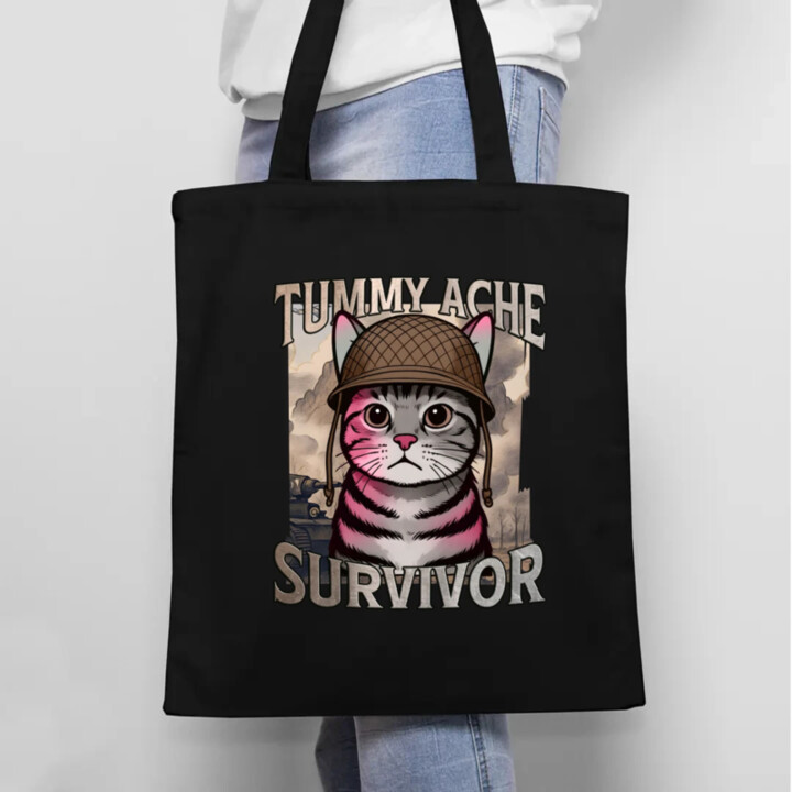 Tummy ache survivor - mačací vojak - taška s potlačou