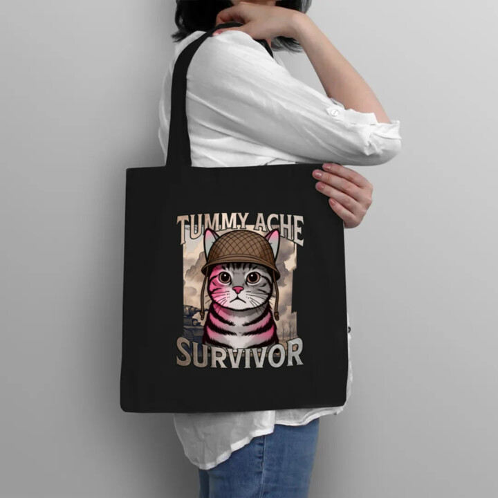 Tummy ache survivor - mačací vojak - taška s potlačou