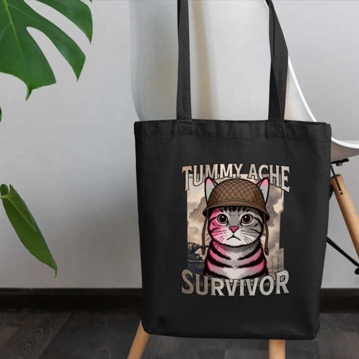 Tummy ache survivor - mačací vojak - taška s potlačou