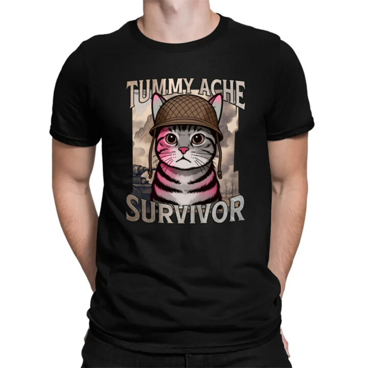 Tummy ache survivor - mačací vojak - pánske tričko s potlačou