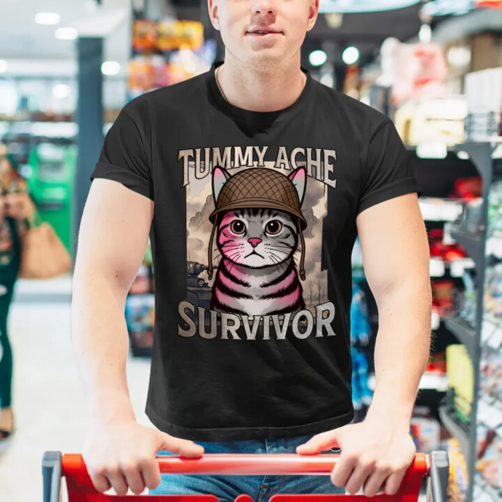 Tummy ache survivor - mačací vojak - pánske tričko s potlačou