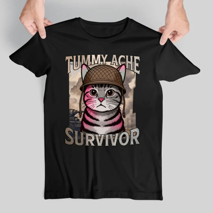 Tummy ache survivor - mačací vojak - pánske tričko s potlačou