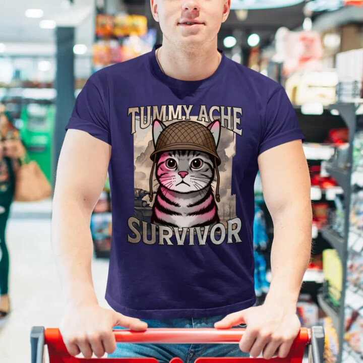 Tummy ache survivor - mačací vojak - pánske tričko s potlačou