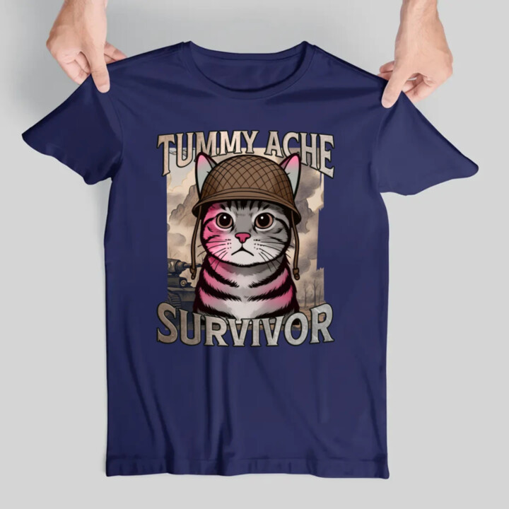 Tummy ache survivor - mačací vojak - pánske tričko s potlačou