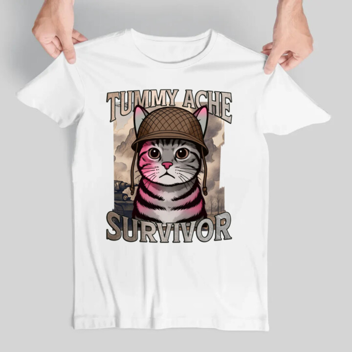 Tummy ache survivor - mačací vojak - pánske tričko s potlačou