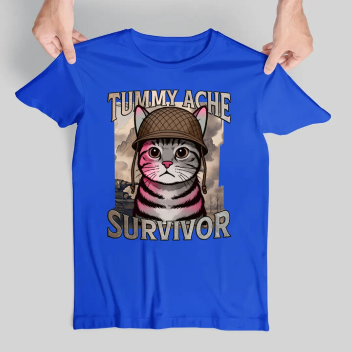 Tummy ache survivor - mačací vojak - pánske tričko s potlačou
