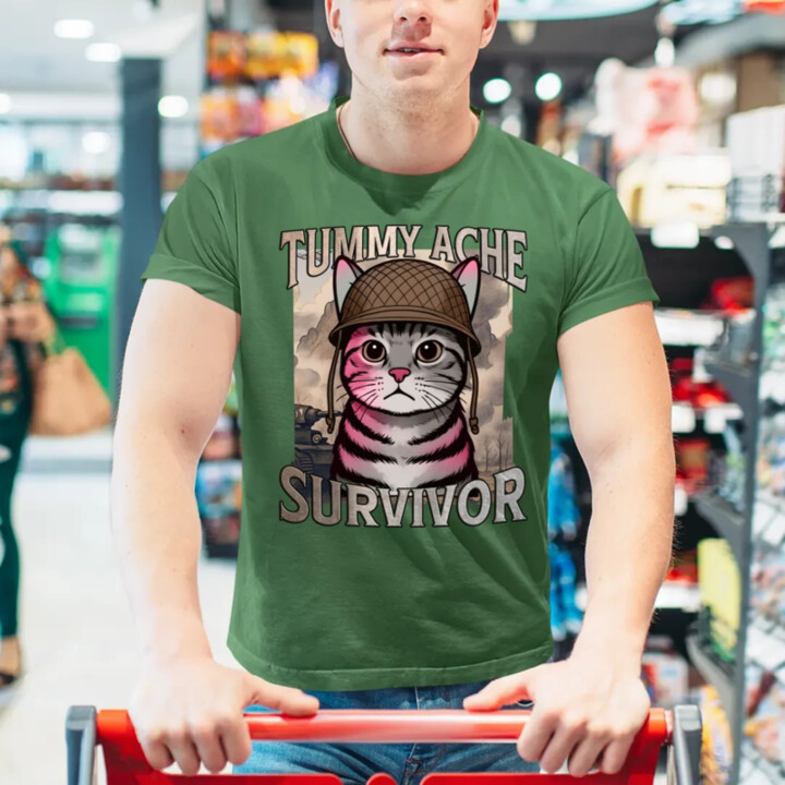 Tummy ache survivor - mačací vojak - pánske tričko s potlačou