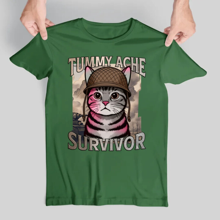 Tummy ache survivor - mačací vojak - pánske tričko s potlačou