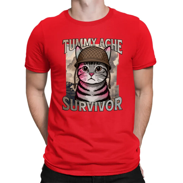 Tummy ache survivor - mačací vojak - pánske tričko s potlačou