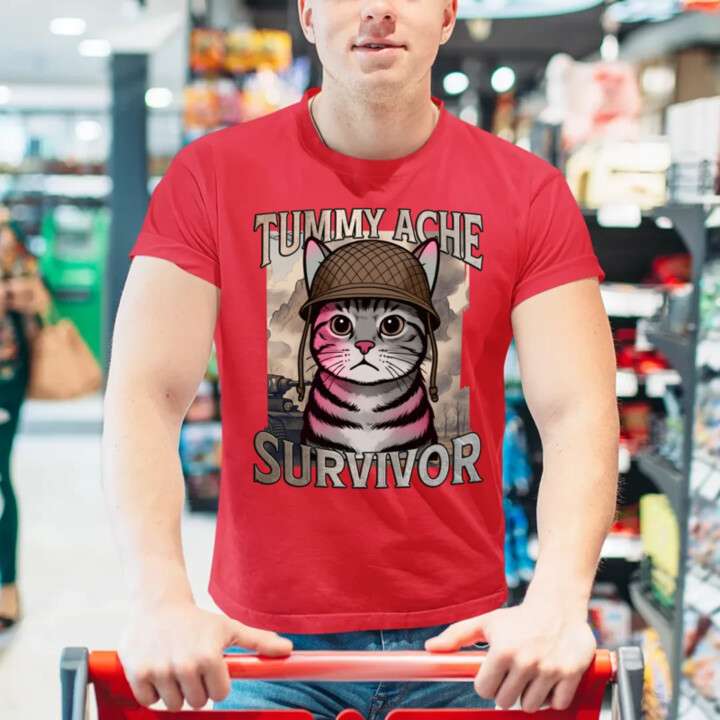 Tummy ache survivor - mačací vojak - pánske tričko s potlačou