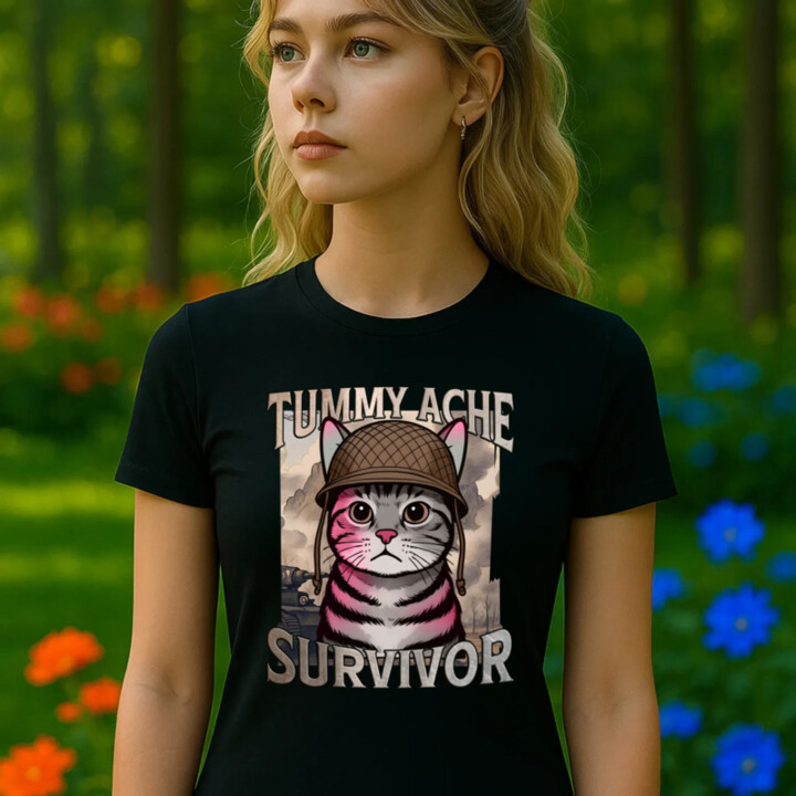 Tummy ache survivor - mačací vojak - dámske tričko s potlačou