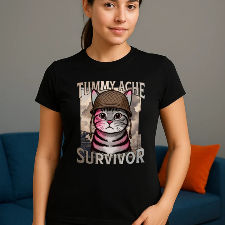 Tummy ache survivor - mačací vojak - dámske tričko s potlačou