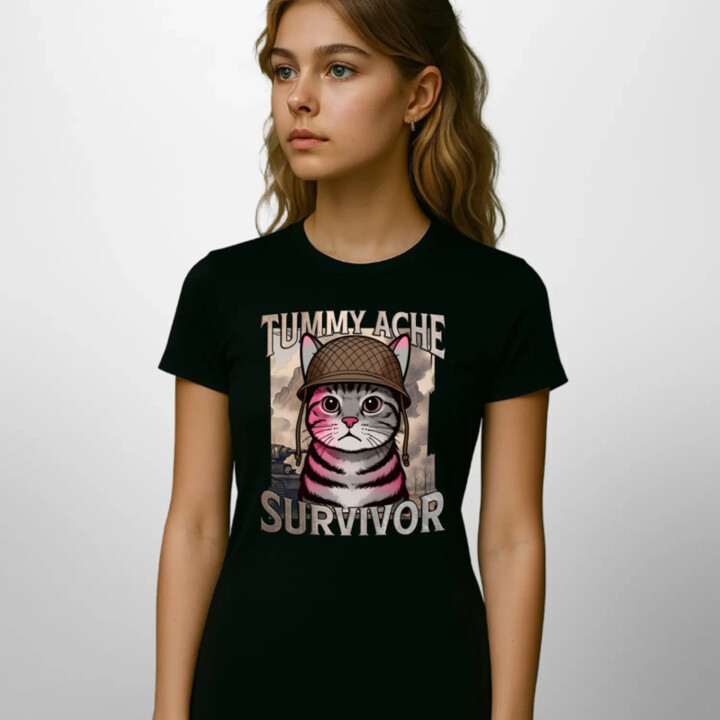 Tummy ache survivor - mačací vojak - dámske tričko s potlačou
