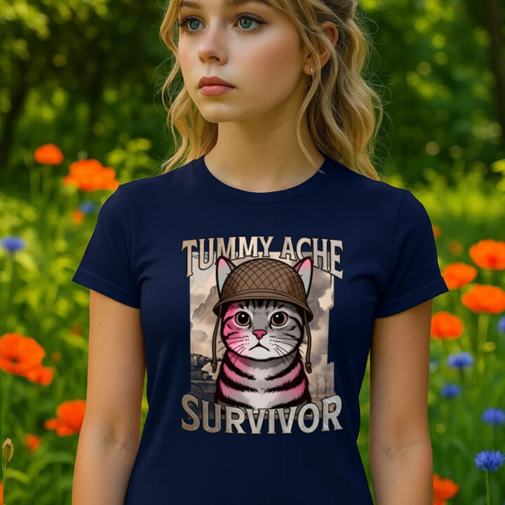 Tummy ache survivor - mačací vojak - dámske tričko s potlačou