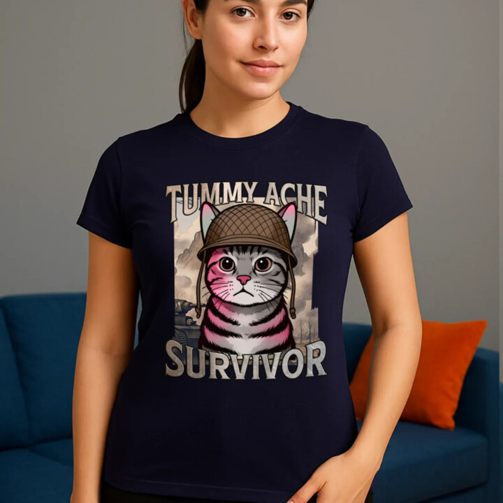 Tummy ache survivor - mačací vojak - dámske tričko s potlačou