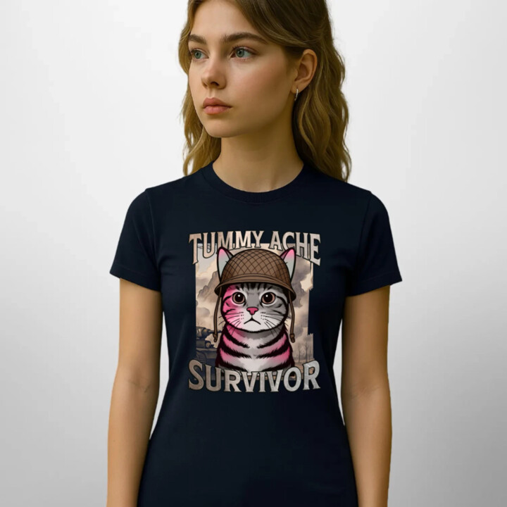 Tummy ache survivor - mačací vojak - dámske tričko s potlačou