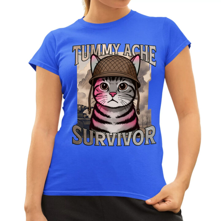 Tummy ache survivor - mačací vojak - dámske tričko s potlačou