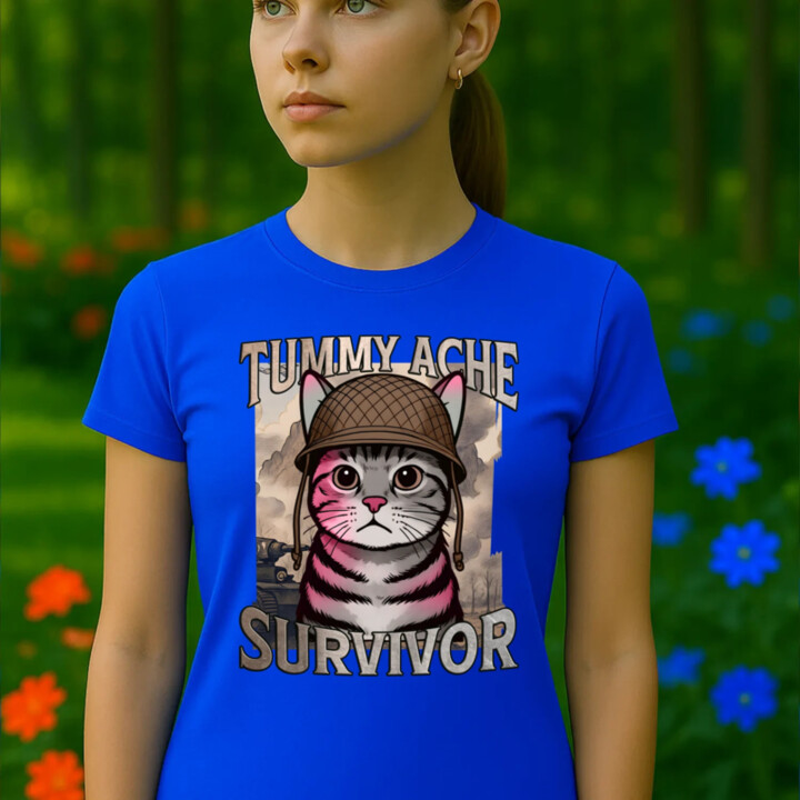 Tummy ache survivor - mačací vojak - dámske tričko s potlačou