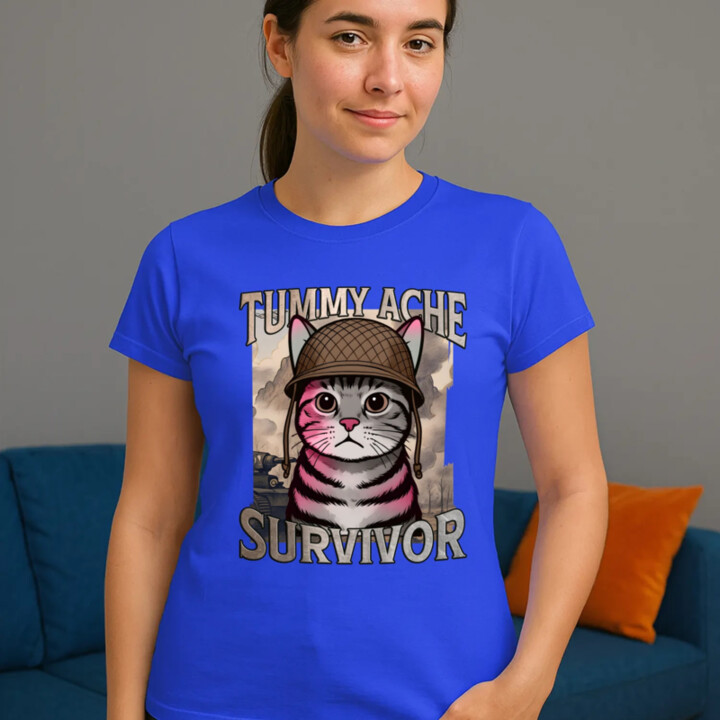 Tummy ache survivor - mačací vojak - dámske tričko s potlačou