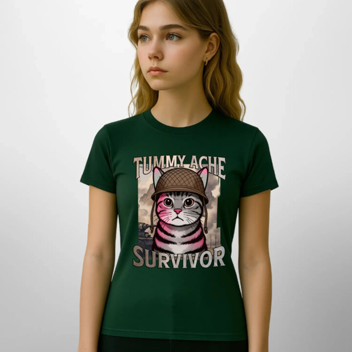 Tummy ache survivor - mačací vojak - dámske tričko s potlačou