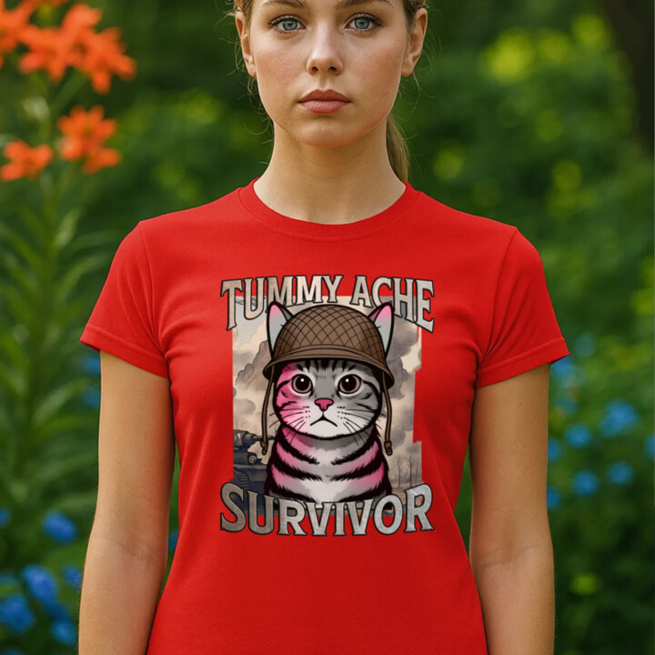 Tummy ache survivor - mačací vojak - dámske tričko s potlačou