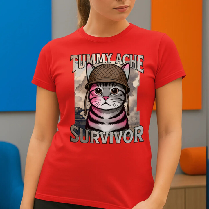 Tummy ache survivor - mačací vojak - dámske tričko s potlačou