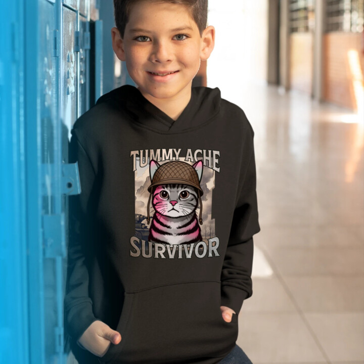 Tummy ache survivor - mačací vojak - detská mikina s kapucňou