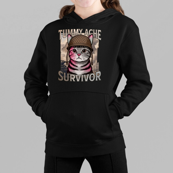 Tummy ache survivor - mačací vojak - detská mikina s kapucňou