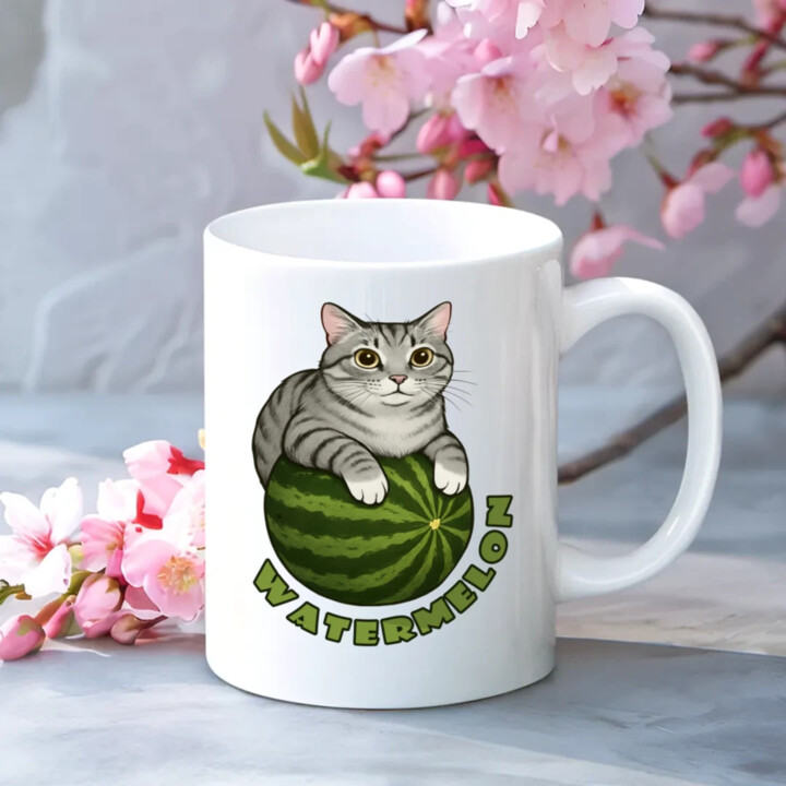 Watermelon - mačka na melóne - keramický hrnček s potlačou