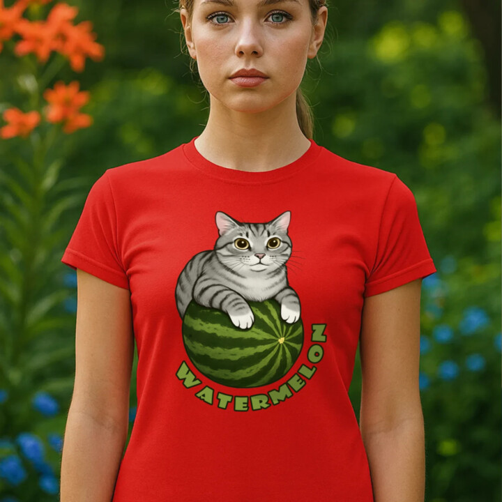 Watermelon - mačka na melóne - dámske tričko s potlačou
