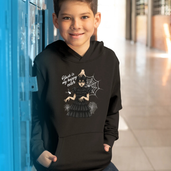 Black is my happy color - darček pre fanúšikov Wednesday - detská mikina s kapucňou