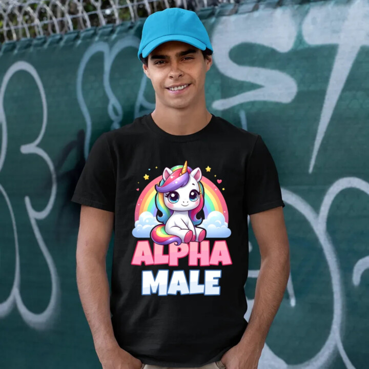 Alpha male - jednorožec s dúhou - pánske tričko s potlačou