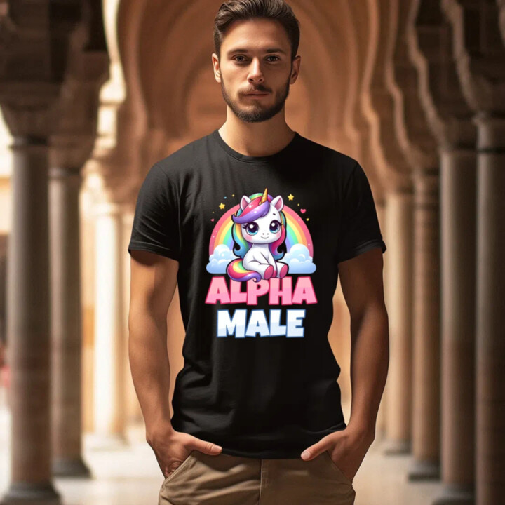 Alpha male - jednorožec s dúhou - pánske tričko s potlačou