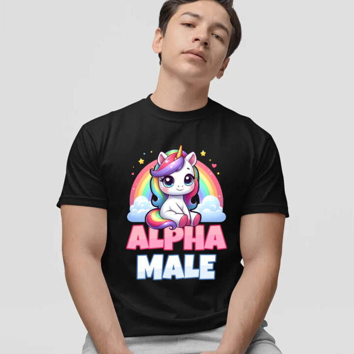 Alpha male - jednorožec s dúhou - pánske tričko s potlačou