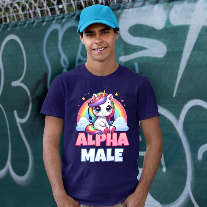 Alpha male - jednorožec s dúhou - pánske tričko s potlačou